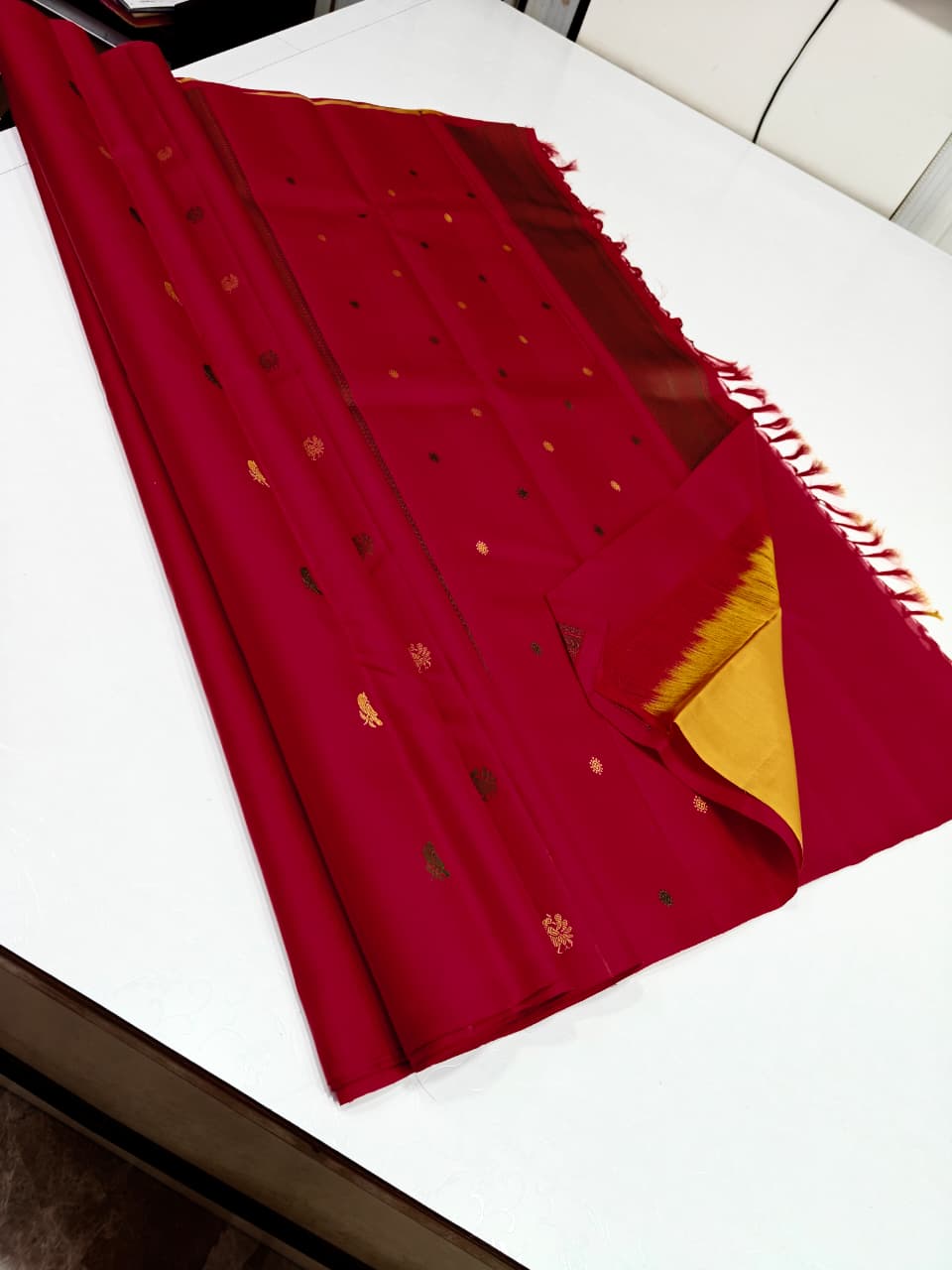 Red Silk Saree with Mustard Zari Border